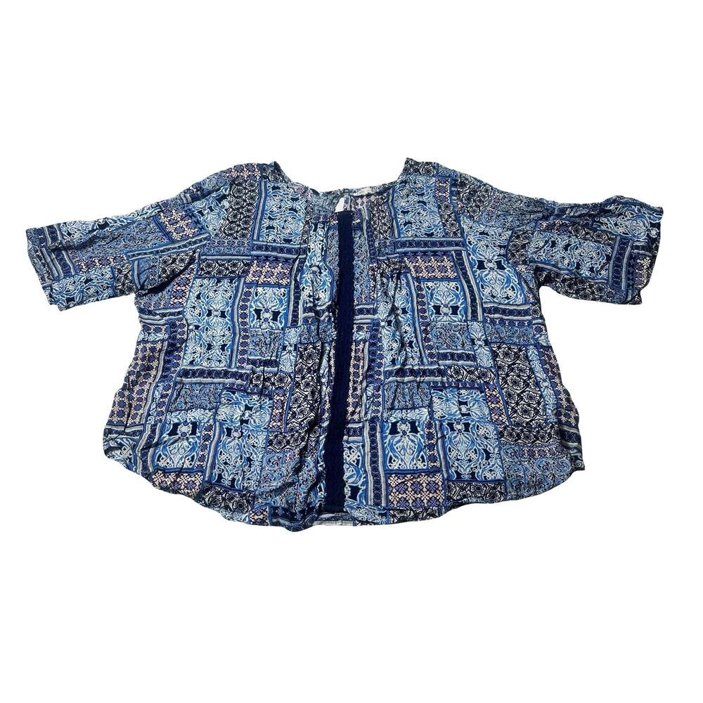 Cato Women’s Blue Patchwork Paisley Print Short Sleeve Blouse Top XL Boho